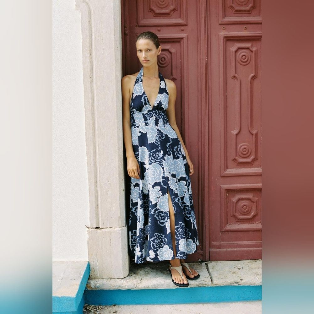NWT SIZE XS FLORAL PRINT HALTER MAXI DRESS NAVY BLUE WHITE 8173/555/043 ZARA
